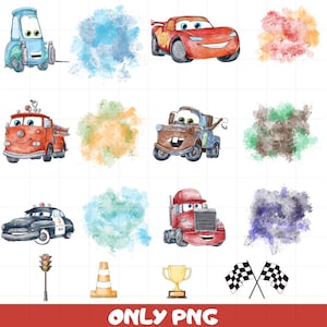 Watercolor Cars Png Clipart- Digital Car&#39;s Stickers Bundle for Kids, Race Car Party, Scrapbooking, Birthday & Nursery Decor