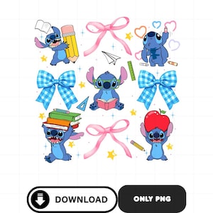 May include: A collection of cartoon Stitch characters in various poses, surrounded by school-themed elements. The design includes blue gingham bows, pink bows, pencils, books, and stars, all set against a white background. The word "DOWNLOAD" is in a black circle.