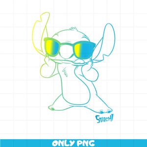 May include: A cartoon illustration of Stitch from Lilo & Stitch wearing sunglasses. The character is outlined in a gradient of yellow and blue. The word "Stitch!" is written in blue. The bottom of the image has the text "ONLY PNG" in white.