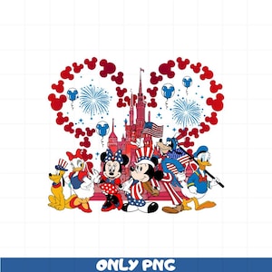 4 luglio Disney PNG, Topolino, Minnie, Paperino, Paperina, Pippo, Plutone Clipart, Castello patriottico USA Sublimazione, Arte dei fuochi d'artificio