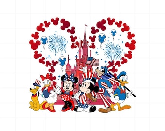 4 juli Disney PNG, Mickey Minnie Donald Daisy Goofy Pluto Clipart, Patriotic Castle USA sublimatie, vuurwerkkunst