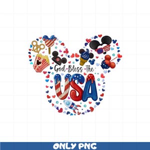 God Bless the USA PNG, Patriotic Mickey Snacks Clipart, 4. Juli Eis Popcorn SVG, Rot Weiß Blau Sublimation Art