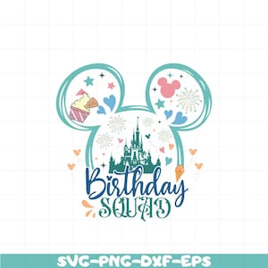 May include: A teal blue Mickey Mouse head silhouette with a green castle, fireworks, hearts, and ice cream cones inside. The text "Birthday Squad" is below the silhouette.