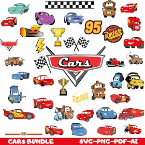 Puede incluir: Una colecci&oacute;n de archivos de corte SVG con tem&aacute;tica de Cars con Lightning McQueen, Mater y otros personajes de la pel&iacute;cula de Disney Pixar. Los archivos incluyen una variedad de dise&ntilde;os, como coches, logotipos y personajes. El texto "CARS BUNDLE" y "SVG-PNG-PDF-AI" est&aacute; incluido en la imagen.