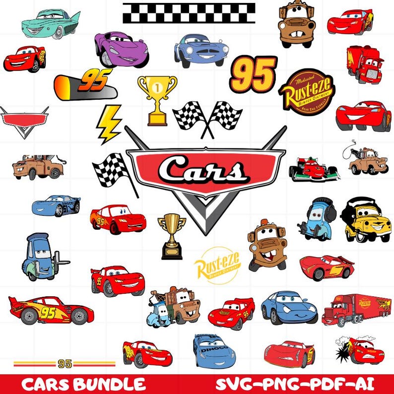Puede incluir: Una colecci&oacute;n de archivos de corte SVG con tem&aacute;tica de Cars con Lightning McQueen, Mater y otros personajes de la pel&iacute;cula de Disney Pixar. Los archivos incluyen una variedad de dise&ntilde;os, como coches, logotipos y personajes. El texto "CARS BUNDLE" y "SVG-PNG-PDF-AI" est&aacute; incluido en la imagen.