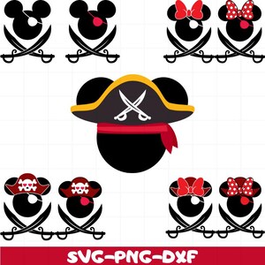 Könnte beinhalten: Ein Set mit 10 SVG-Schnittdateien mit Mickey Mouse und Minnie Mouse als Piraten. Die Designs zeigen Mickey und Minnie mit Piratenhüten und gekreuzten Schwertern. Es gibt auch Variationen von Mickey und Minnie mit verschiedenen Accessoires, wie z. B. einer Augenklappe und einem Totenkopf mit gekreuzten Knochen.