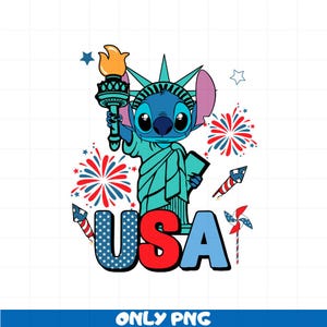 Stitch USA PNG, Design a sublimazione del 4 luglio, Clipart dei cartoni animati della Statua della Libertà, Fuochi d'artificio del Giorno dell'Indipendenza PNG, Solo file PNG