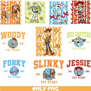 May include: A set of nine colorful digital designs featuring characters from the Toy Story franchise. Each design features a different character, including Woody, Buzz Lightyear, Slinky Dog, Jessie, and Forky. The designs are in a retro style with bold text and bright colors.