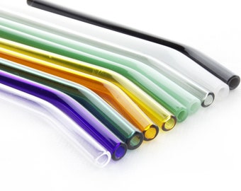 Bent Glass Drinking Straws with Cleaning Brush - 17 Colors - 5 to 12 inches - 8mm Diameter - Reusable - Made in USA - Dishwasher Safe