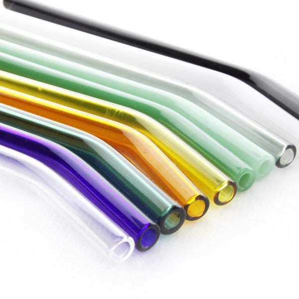 Bent Glass Drinking Straws with Cleaning Brush - 17 Colors - 5 to 12 inches - 8mm Diameter - Reusable - Made in USA - Dishwasher Safe