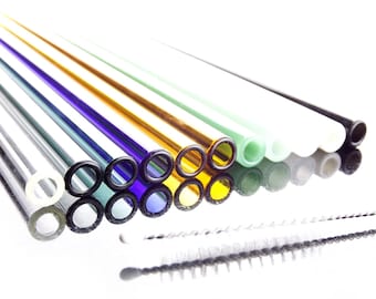 Colored Glass Drinking Straws with Cleaning Brush - 15 Colors - 5 to 12 inches - 8mm Diameter - Reusable - Made in USA - Dishwasher Safe