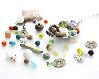 DESTASHED Bead and Focal Grab Bags - 2.25 Ounces - Mixed Assorted Colors and Sizes - Glass, Crystal & Gemstones