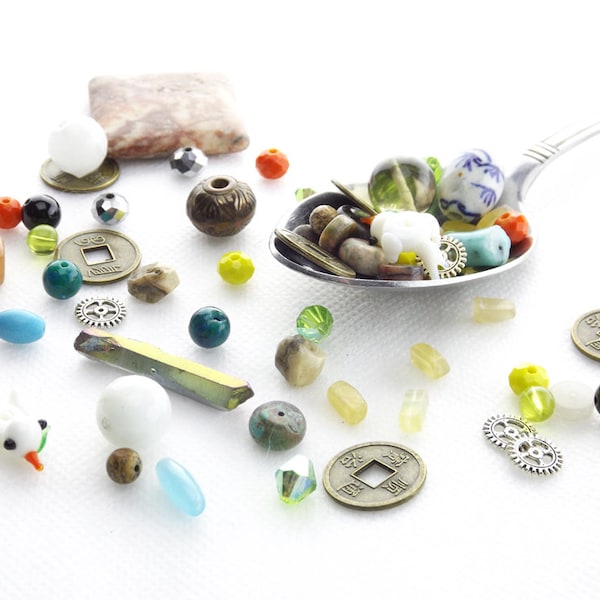 DESTASHED Bead and Focal Grab Bags - 2.25 Ounces - Mixed Assorted Colors and Sizes - Glass, Crystal & Gemstones