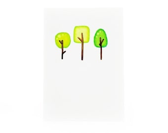 Handgemachte Miniatur-Grußkarte - drei kleine Bäume - 3,75 x 2,75 - kommt mit A6 Umschlag - Geburtstag, Urlaub oder Muttertagskarte