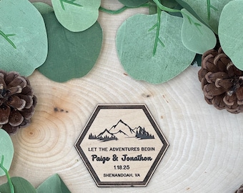 Wedding Mountain Magnet, Wedding Favor Magnet, Mountain Magnet, Mountain Favor, Mountain Wedding, Personalized Wedding Favor, Wood Magnet
