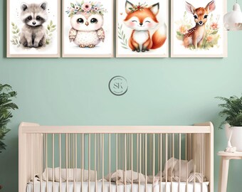 Nursery Wall Art Printable, Forest Animal Print, Woodland Kid's Room Decor, Playroom posters, Set of 4 posters, Children's Room