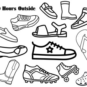 Könnte beinhalten: Schwarz-weiß-Zeichnung von 10 verschiedenen Schuharten, darunter Sandalen, Sneaker, Stiefel und Flip-Flops. Der Text "100 Hours Outside" befindet sich oben im Bild.
