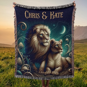 Lion Couple Woven Blanket- Fantasy Lion Woven Tapestry, Lion Tapestry, Lion Gifts, Feline Lover, Animal Print Blanket, Movie Night Blanket