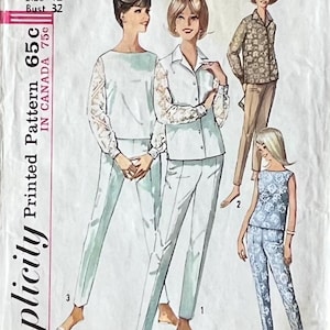May include: Vintage Simplicity sewing pattern 5509. The pattern features illustrations of women's clothing, including pantsuits and a floral top and pants set. The pattern is size 12, bust 32 inches. The price is 65c in the US and 75c in Canada.