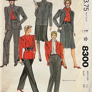 May include: McCall's 8300 sewing pattern for women's suits and separates. The pattern envelope features illustrations of various suit styles, including blazers, skirts, and pants. The envelope is white with black text and illustrations, and the size is 14.