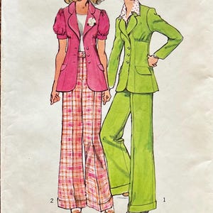 UNCUT 1970s Pattern Simplicity 5642 - Puff-Sleeve Fitted Princess Jacket, Wide-Leg Pants w/ Cuff - Size 9 JUNIOR PETITE, Bust 33"