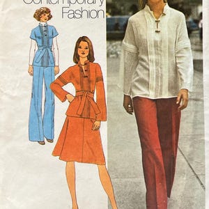 May include: A Simplicity 7258 sewing pattern envelope for a Young Contemporary Fashion outfit in size 16 with a 38-inch bust. The cover features illustrations of a blue tunic and pants set, an orange jacket and skirt set, and a photograph of a white shirt.