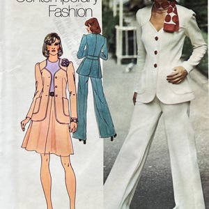 May include: Vintage Simplicity sewing pattern envelope, size 14, featuring illustrations of women's contemporary fashion. The envelope displays a white suit, a peach skirt suit, and a teal pantsuit. The text reads "Young Contemporary Fashion."