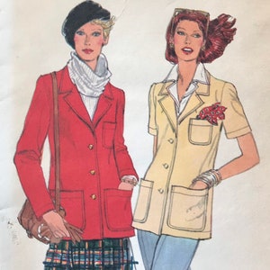 May include: Vintage Vogue Patterns sewing pattern featuring illustrations of two women in stylish outfits. The pattern includes a red blazer, a yellow jacket, and a plaid skirt. The text on the pattern reads "Very Easy Vogue Patterns" and "Size 16".