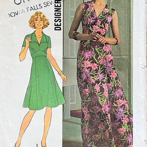 May include: A Simplicity sewing pattern envelope 7172 for a size 12 dress with a 34-inch bust. The front displays a green dress illustration and a photograph of a floor-length black dress with a purple and pink floral print, labelled Designer Fashion.