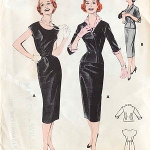 UNCUT 1950s Butterick Pattern 7383 - Scoop-Neck Belted Wiggle Dress & Fitted Surplice Jacket - Wing Collar, Cuffs - Size 18, Bust 36"