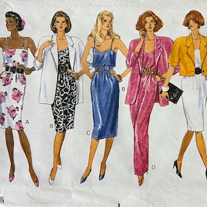 UNCUT 1980s Pattern Butterick 3664 - Slim Dress, 4 Lengths + Boyfriend Jacket, 2 Lengths - Spaghetti Straps - Size 12, 14, 16