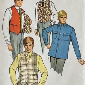May include: Vintage Simplicity sewing pattern 7973 featuring illustrations of men's fashion. The pattern includes designs for vests, shirts, and ties. The chest size is 38 inches, and the neck size is 15 inches.