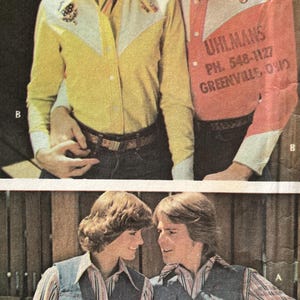 May include: A vintage advertisement featuring two long-sleeved western shirts in yellow and coral with white yokes and embroidered details, alongside two dark blue denim vests worn over striped long-sleeved shirts with button-down fronts.