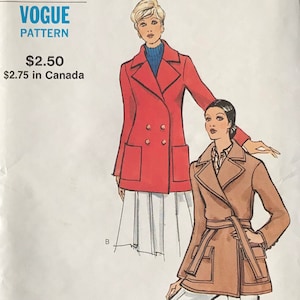 May include: Vogue pattern 8255 featuring illustrations of two coats. The pattern includes size 12, bust 34 inches, and hip 36 inches. The cover has the Vogue logo and text indicating the price.
