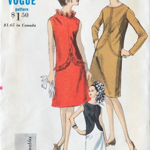 UNCUT 1960s Pattern Vogue 6630 w/ Label - Slim A-Line Dress, 3 Versions - Drop Waist, Curved Seams, Sleeve Options - Size 12, Bust 32"