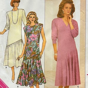 UNCUT 1980s Pattern Butterick 3958 - Dress w/ Asymmetric Drop-Waist - Push-Up or Cap Sleeves, Scoop or V-Neck - Size 14, 16, 18