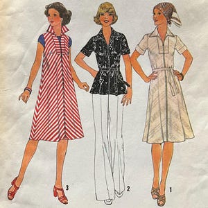 May include: A Simplicity sewing pattern envelope 7840, size 16, featuring illustrations of three outfits: a red and white striped sleeveless dress, a black and white floral print shirt with white trousers, and a light-colored dress with a headscarf.