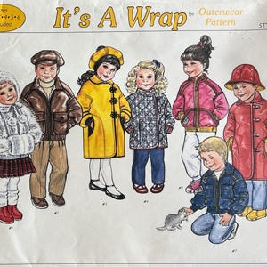 May include: A vintage sewing pattern titled "It's A Wrap" by Sunrise Designs. The pattern features illustrations of children in various outerwear styles, including coats and jackets. Sizes 2T, 3T, 4-5, and 6 are included. The pattern is style 199.