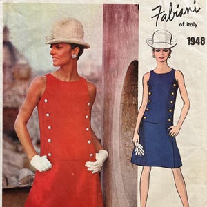 未カット 1960年代 パターン ヴォーグ クチュリエ デザイン 1948年 - ファビアーニ ドロップウエスト ドレス - カットアウェイアームホール、ボタントリム - サイズ14、バスト36インチ