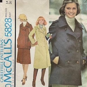 May include: Vintage McCall's 5828 sewing pattern for misses' coat or jacket with skirt. The pattern features illustrations of the coat in various colors and styles. The pattern size is 14, bust 36 inches.