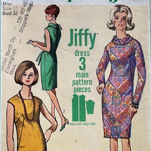 May include: A Simplicity 6437 sewing pattern envelope for a Jiffy dress in Miss size 12, bust 32. The cover features illustrations of three dress variations: a long-sleeved paisley print dress, a sleeveless green dress, and a sleeveless mustard yellow dress.