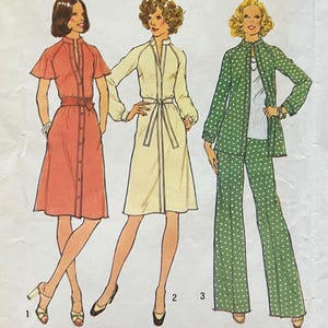 May include: Vintage Simplicity sewing pattern 7092, size 16, bust 38 inches. The illustration shows three different outfits: a coral dress, a cream-colored dress, and a green polka-dot pantsuit. The pattern is for Misses' sizes.