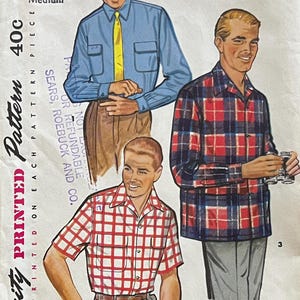 May include: Vintage Simplicity printed pattern 1025. The illustration shows three men in different shirts: a blue shirt with a yellow tie, a red and blue plaid shirt, and a red and white checkered shirt. The pattern is marked "Medium" and priced at 40 cents.