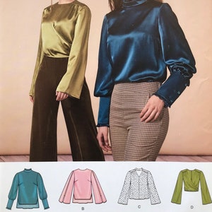 UNCUT Pattern Simplicity 10025 8737 - Blouse, 4 Styles - Bell or Puff Sleeves, Wrap Bodice, Ring V-Neck - Sizes 14, 16, 18, 20, 22