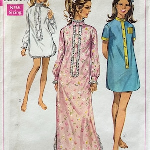 May include: Vintage Simplicity sewing pattern 7912. The pattern features three dress designs: a white tunic, a pink floral gown, and a blue dress with yellow trim. The pattern size is small, bust 31.5-32.5 inches.