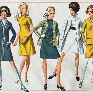 May include: Vintage Simplicity sewing pattern featuring five women's fashion designs. The designs include dresses, coats, and suits in various colors like yellow, blue, and white. The pattern is labeled "7991" and includes sizing information. The price is 75¢.