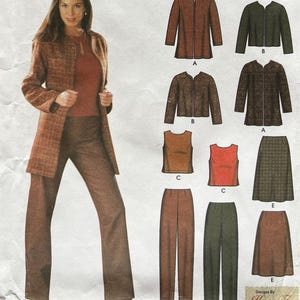 May include: Simplicity Easy Chic sewing pattern, size PP 12, 14, 16, 18. The pattern features a woman wearing a brown suit with a jacket, pants, and a top. The pattern also shows different jacket, top, skirt, and pant styles.