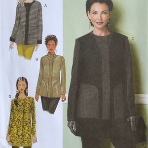 May include: Butterick sewing pattern B6421, size A5 (6-8-10-12-14), featuring illustrations of four jacket variations. The designs include a grey patterned jacket, a textured olive jacket, a yellow floral jacket, and a solid black and grey jacket.