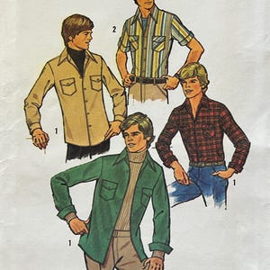 UNCUT 1970s Pattern Simplicity 7680 - Young Men's Button-Down Shirt - Long or Short Sleeve - Chest 36 1/2", Neck 15"