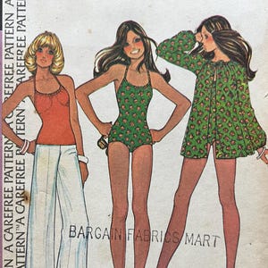 May include: Vintage sewing pattern featuring illustrations of swimwear and a cover-up. The designs include a halter top with wide-leg pants, a one-piece swimsuit, and a floral print cover-up. The text reads "Swimsuit and Top for Unbonded Stretchable Knits."